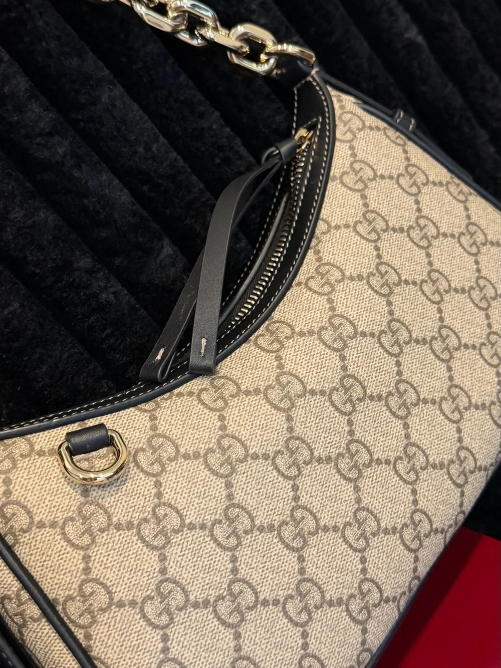 Gucci Beige GG Canvas Shoulder Bag with Gold Chain Trim